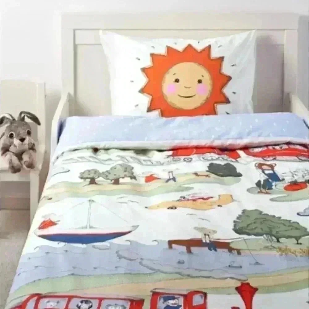 IKEA Utelek Reversible Twin Duvet Cover Trains Planes Animals Sun/Rain Whimsical